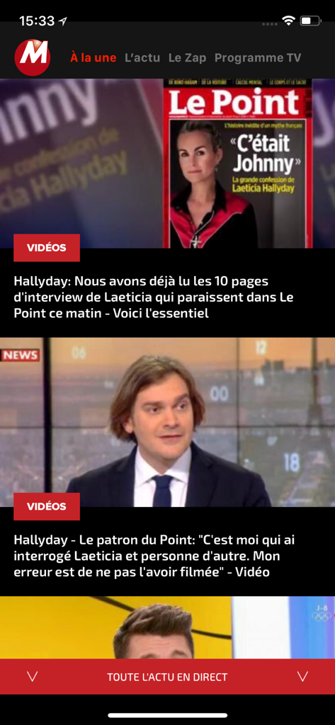 Interface of the Morandini Blog app showing French entertainment news headlines and videos.