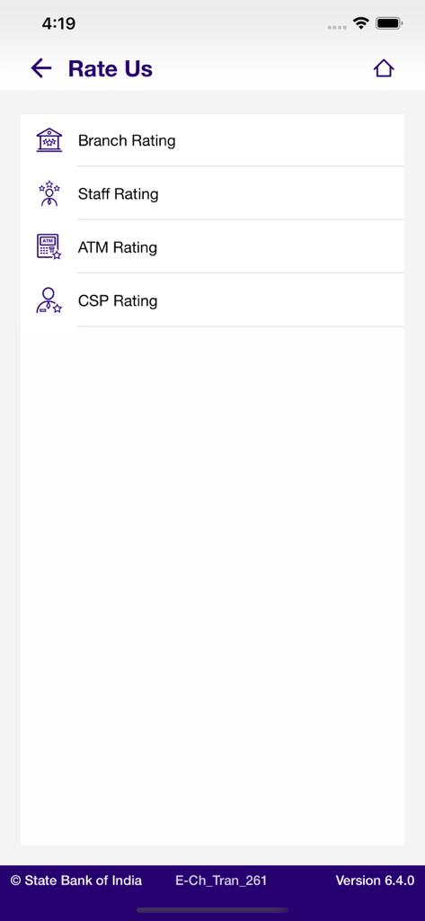 SBI Quick - SBI Quick app Rate Us screen showing branch staff ATM and CSP rating options