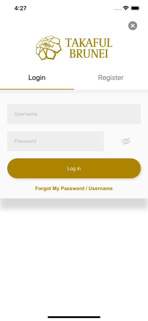 Takaful Brunei - The login screen of the Takaful Brunei mobile app with username and password entry fields.