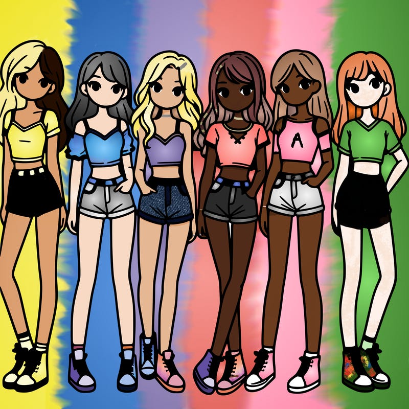 a group of girls wearing crop tops and shorts