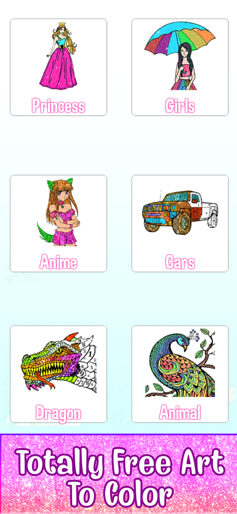 Una selección de categorías para colorear que incluyen Princesas, Anime, Coches y Dragones en la aplicación.