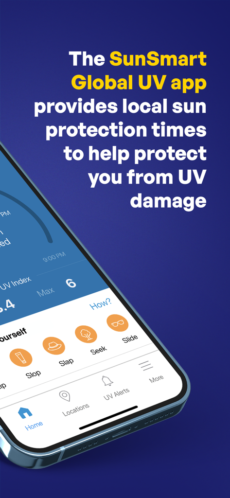 SunSmart Global UV - Pantalla de teléfono inteligente que muestra la aplicación SunSmart Global UV con tiempos locales de protección solar e íconos de seguridad para la piel