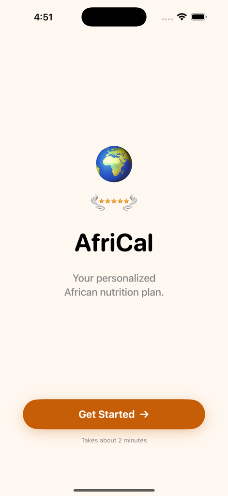 AfriCal welcome screen showing personalized African nutrition plan and a get started button