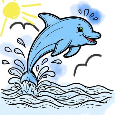 a joyful dolphin leaping over waves with a splash