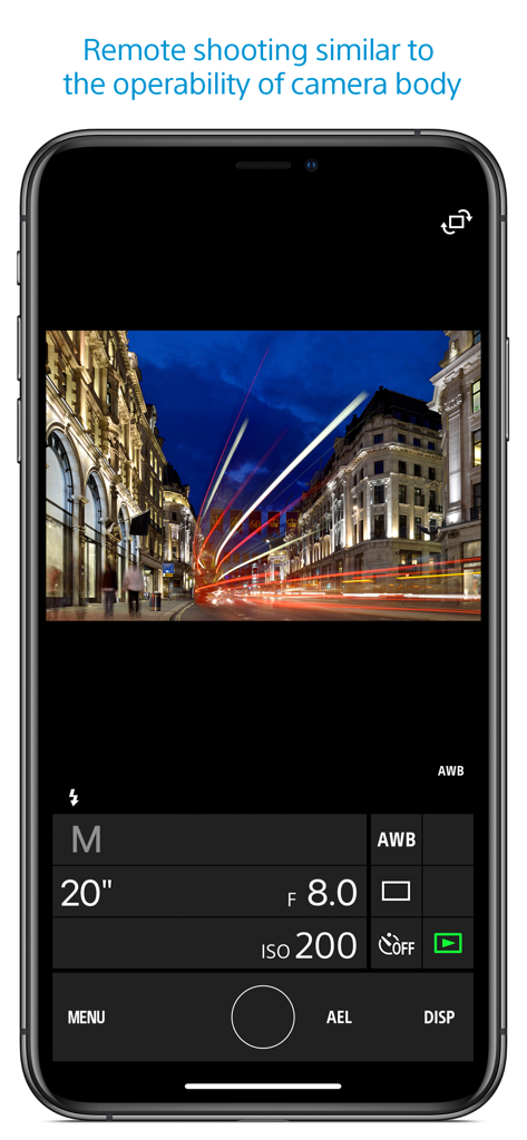 Interface de l'application Sony Imaging Edge Mobile montrant les contrôles de caméra à distance et une photo de ville nocturne en pose longue