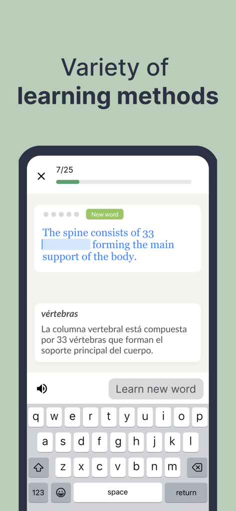 Medical English Doxa app screenshot showing a vocabulary exercise with Spanish translation
