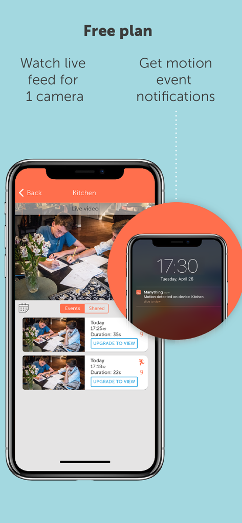 Manything - Manything app interface showing a live video feed from a kitchen camera and a motion detection notification on an iPhone screen.