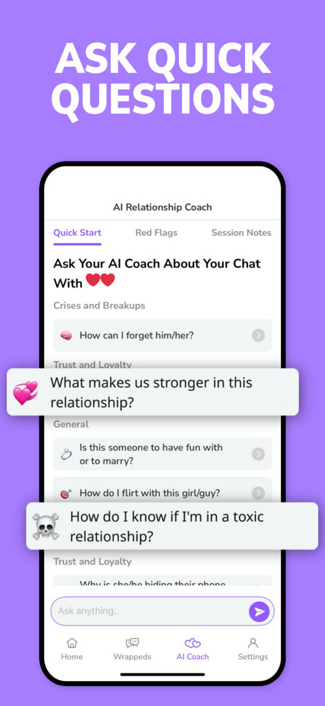 Narya app interface showing quick relationship questions for the AI coach.
