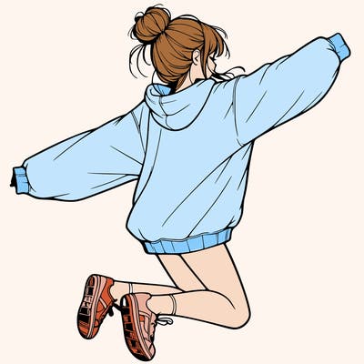 realistic girl jumping with a bun and oversized sweatshirt