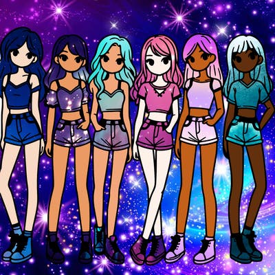 a group of girls wearing crop tops and shorts