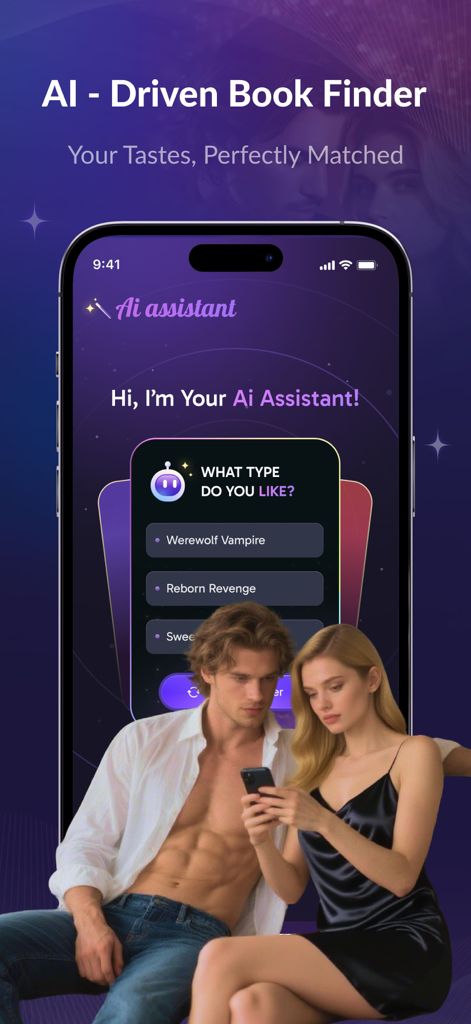 NetFic app interface showing an AI book finder with genres like werewolf and vampire romance.