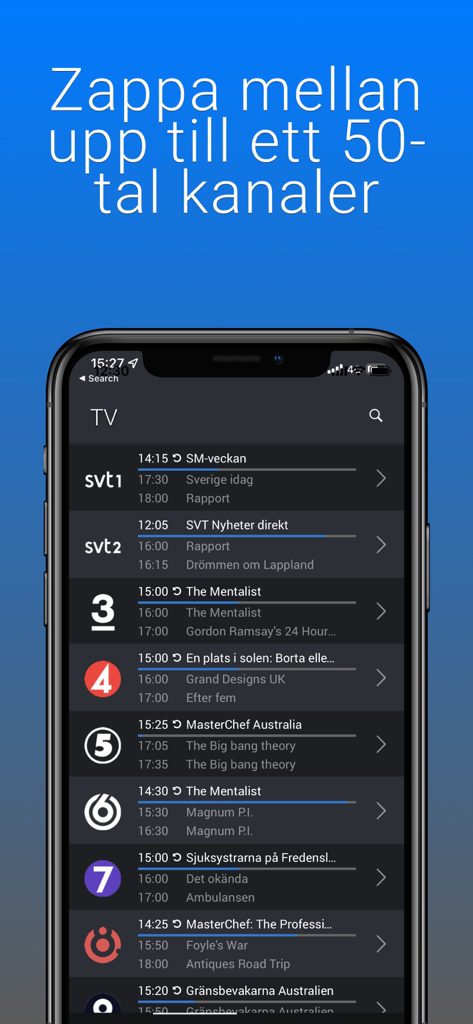 Telenor Stream mobile app interface displaying a list of Swedish TV channels and their current program schedules.