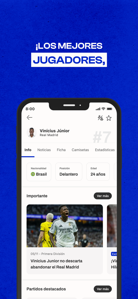 Perfil del jugador Vinicius Junior en la aplicación Fichajes fútbol con estadísticas y noticias