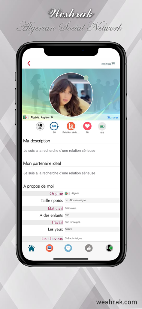 Weshrak - Algerian Network - Écran de l'application Weshrak affichant un profil utilisateur détaillé pour les rencontres et le mariage algériens.