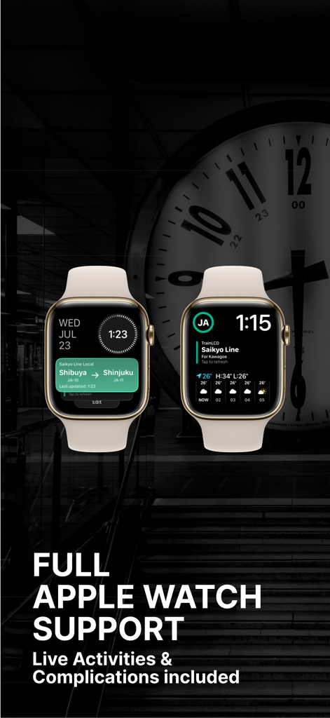 TrainLCD - Interfaz de la aplicación TrainLCD en Apple Watch que muestra información de la ruta de tránsito y complicaciones en vivo.