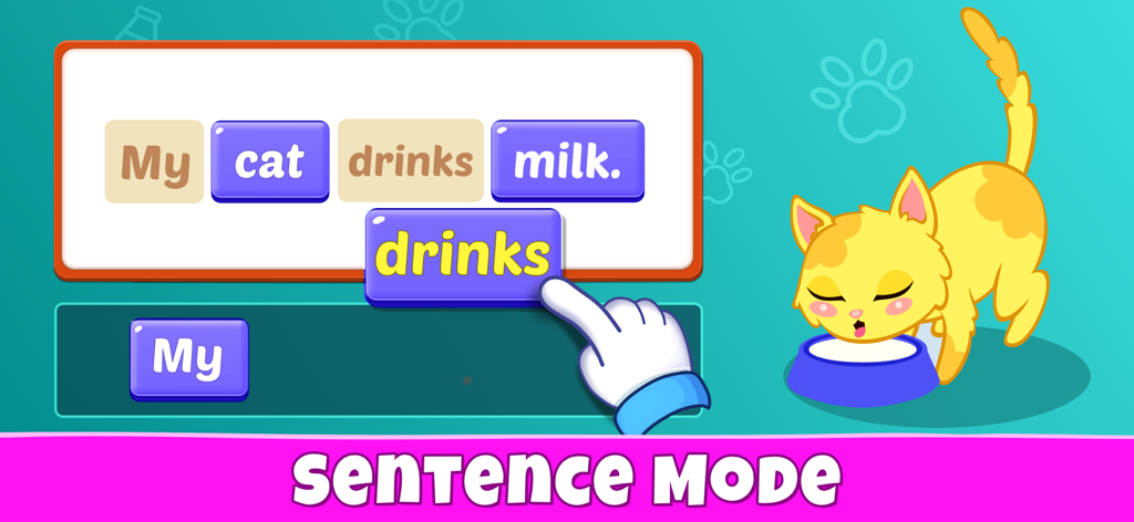 Sight Words - Pre-k to 3rd - Juego educativo de construcción de oraciones para niños con un gato de dibujos animados bebiendo leche y bloques de palabras.