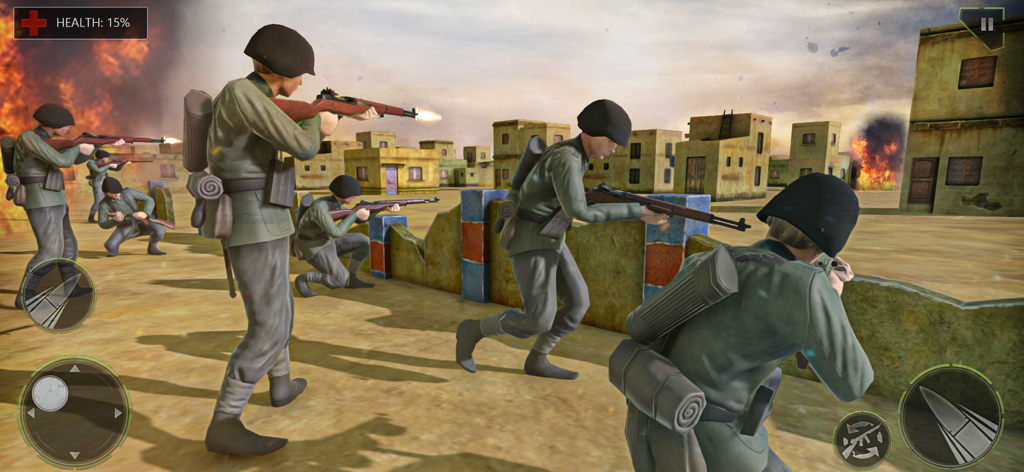 Soldiers in green uniforms engage in combat during a World War 2 mission in a ruined city
