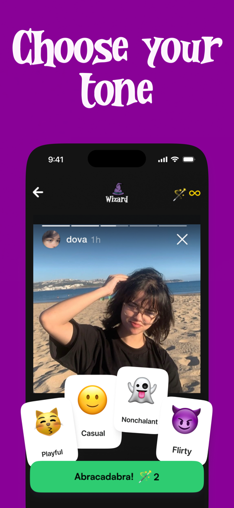Social Wizard - up ur game - Social Wizard app interface showing tone selection options like Playful Casual Nonchalant and Flirty for a social media photo.