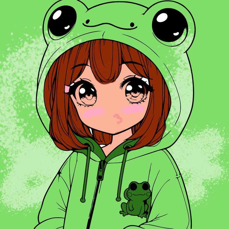 cute realistic girl in a froggy hoodie