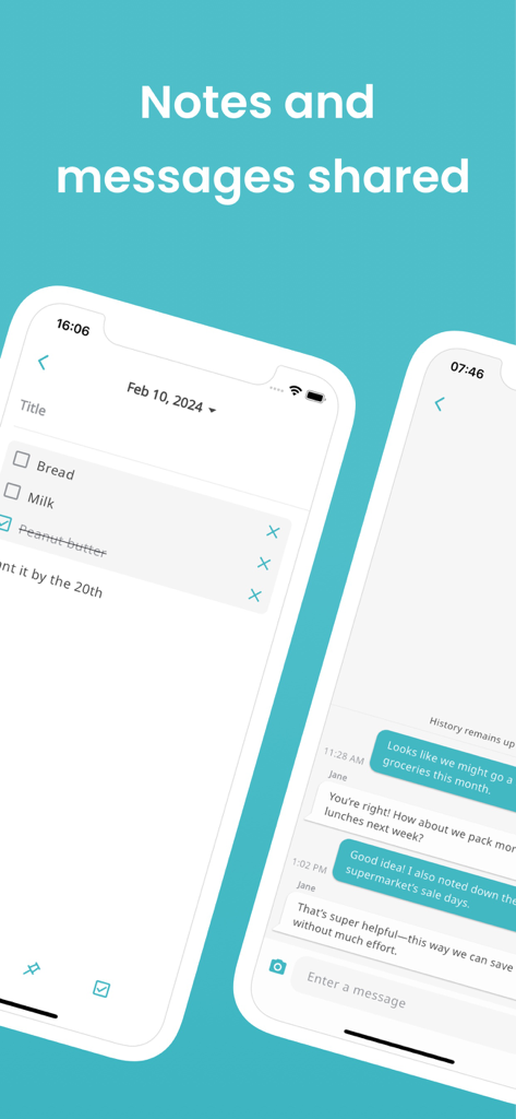 Budget planner - MoneyBoard - Lista de compras compartilhada e interface de mensagens de chat no aplicativo planejador de orçamento.
