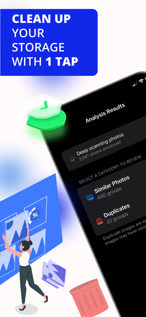 ストレージクリーナーアプリの分析画面。類似した写真や重複グループが検出され、削除対象として表示されている様子。