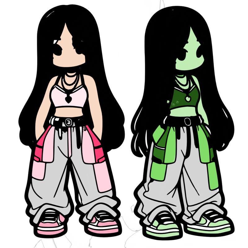 girl in baggy pants crop top and long hair