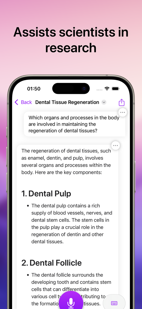 Interfaz de chat del asistente de IA que proporciona información científica detallada sobre la regeneración de tejido dental.