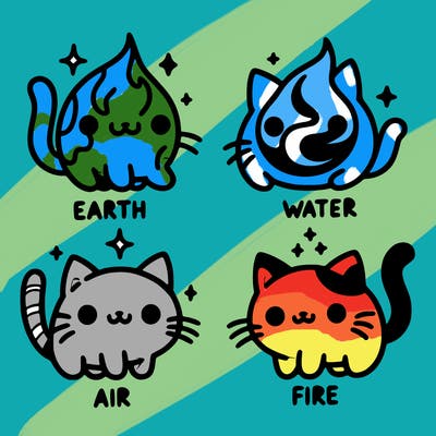 4 cats that represent the different elements, earth, water, air, and fire