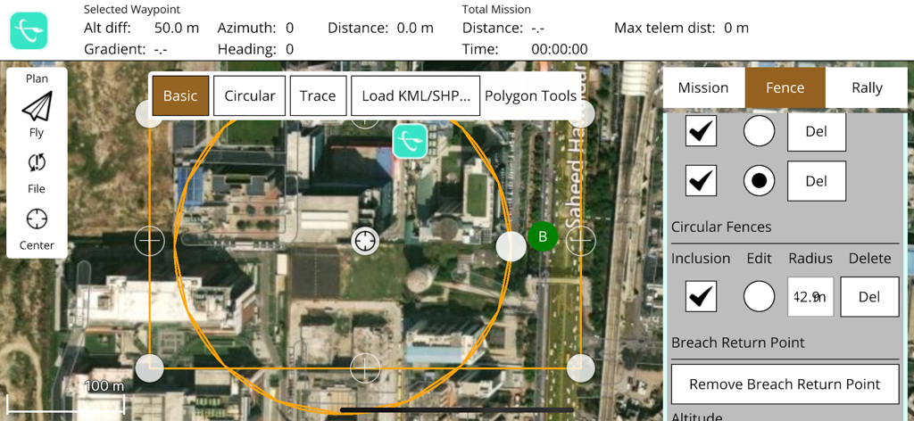 ANRA QGroundControl - Professional drone mission planning interface with circular geofence settings on a map view