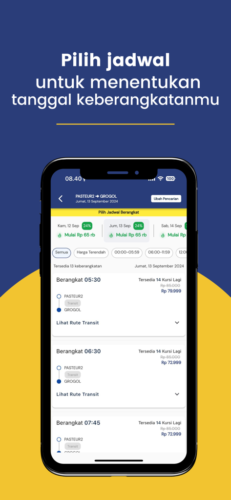 Baraya Travel - Baraya Travel app interface displaying shuttle bus departure times and ticket prices for the Bandung to Jakarta route