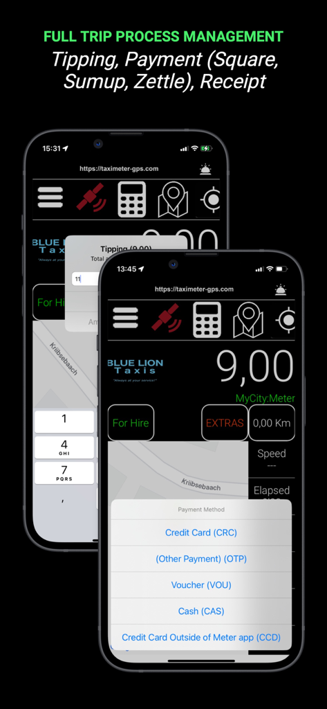 TaxiController Driver - TaxiController Driver app showing tipping and payment method selection screens on iPhone.