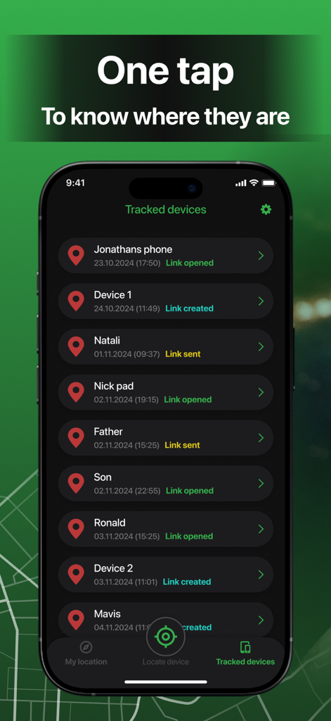 Family GPS Phone Location Life - A mobile interface showing a list of tracked family members and devices with status updates