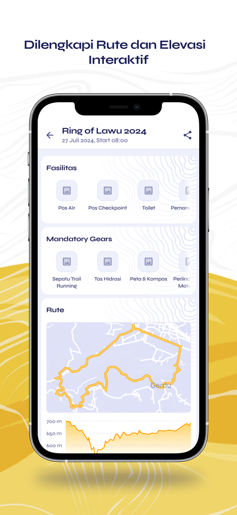 SIKSOROGO - Mobile app screen displaying a trail running route map and elevation profile for the Ring of Lawu event.