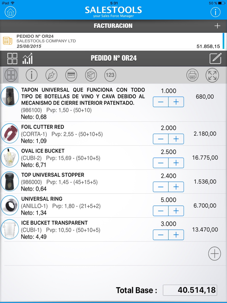 SalesTools iPad app interface showing a detailed product order list with quantities and pricing