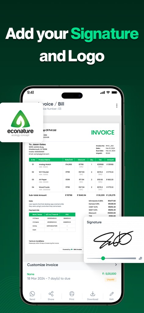 A mobile invoice app interface for adding a business logo and digital signature to professional bills
