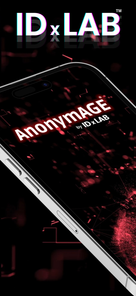 The AnonymAGE app logo displayed on an iPhone screen with a red and black digital background.