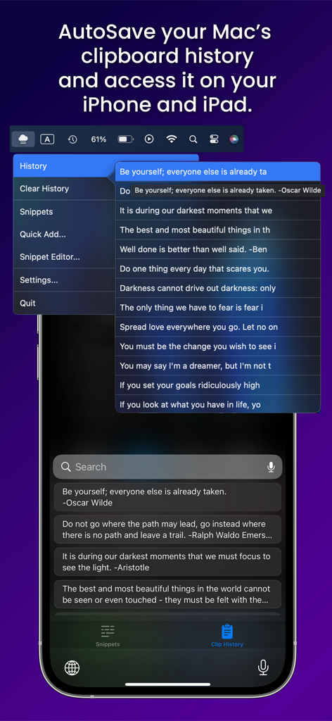 Cloud Snippets - Mobile - Cloud Snippets app screen displaying clipboard history across Mac and iPhone