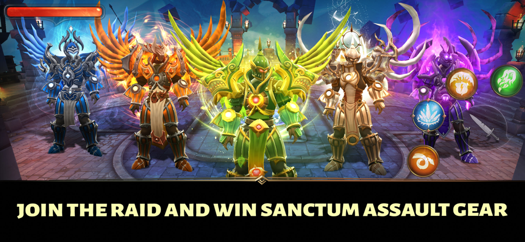 Five armored warriors in Dungeon Hunter 5 showcasing elemental armor sets and wings from the Sanctum Assault raid.