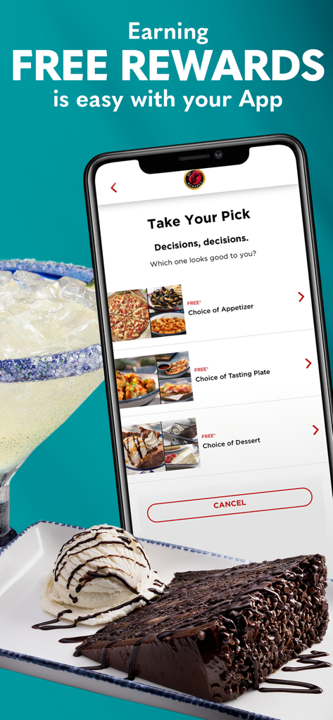Smartphone showing the Red Lobster Dining Rewards app with choices for free food rewards.