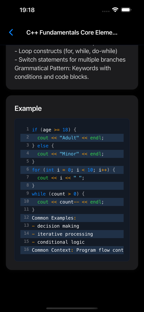 MSDev Academy - Ein C Plus Plus-Codebeispiel, das Schleifenkonstrukte und bedingte Logik in der MSDev Academy Mobile App zeigt