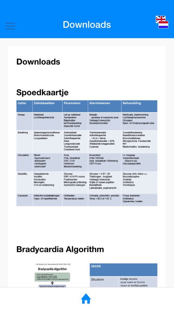 ABCDE app - Downloads screen of the ABCDE app displaying an emergency medical treatment card and bradycardia algorithm