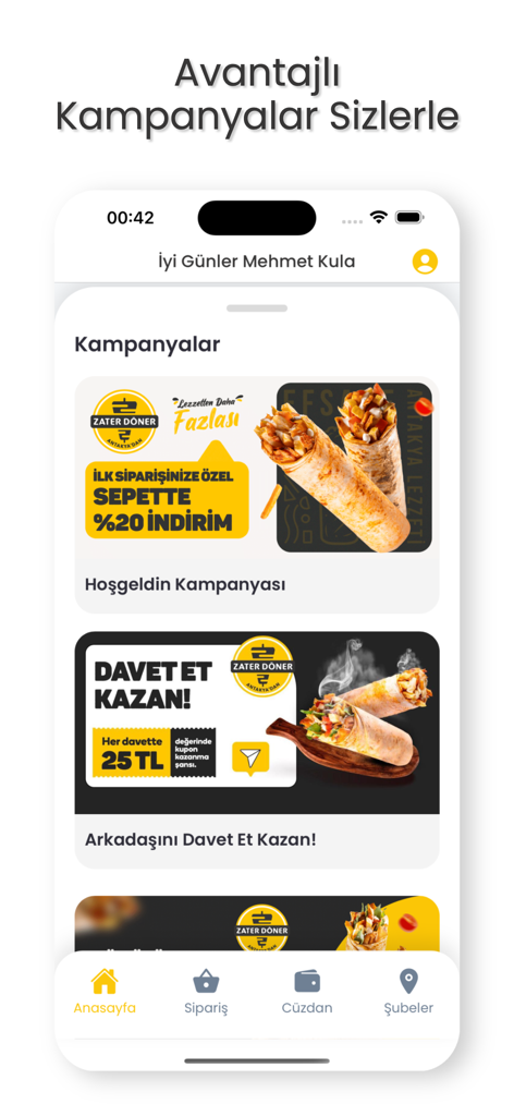 ZaterApp - ZaterApp mobile interface showing exclusive food delivery discounts and referral rewards banners.