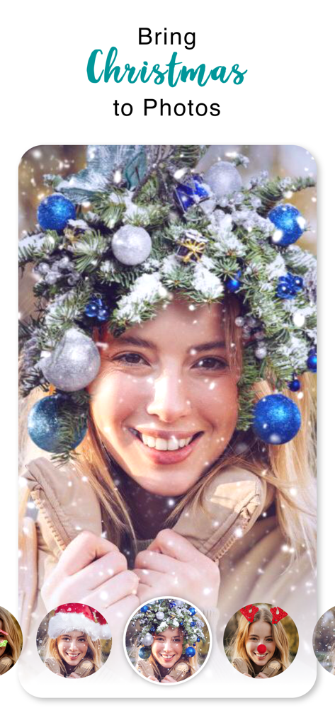 Christmas Photo Frames ゜ - A woman using the Christmas Photo Frames app to add a festive wreath and snow effect to her portrait