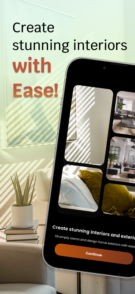 Uno smartphone che mostra la schermata di benvenuto dell'app AI Home Designer con ispirazione per l'interior design e un pulsante di continuazione