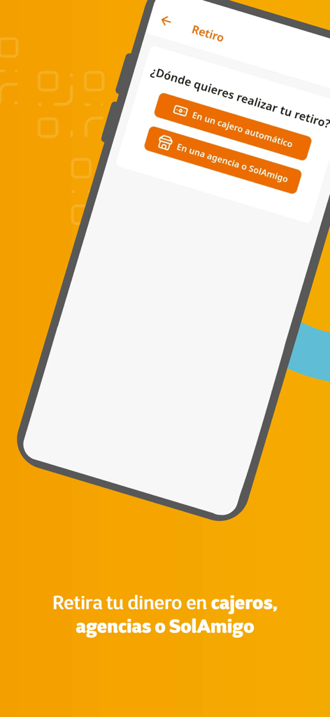 Altoke BancoSol - Altoke BancoSol app screen displaying options for cash withdrawals at ATMs and agencies