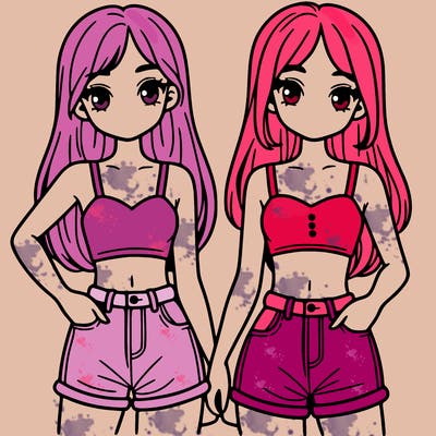 two sisters with crop tops and jean shorts and straight hair