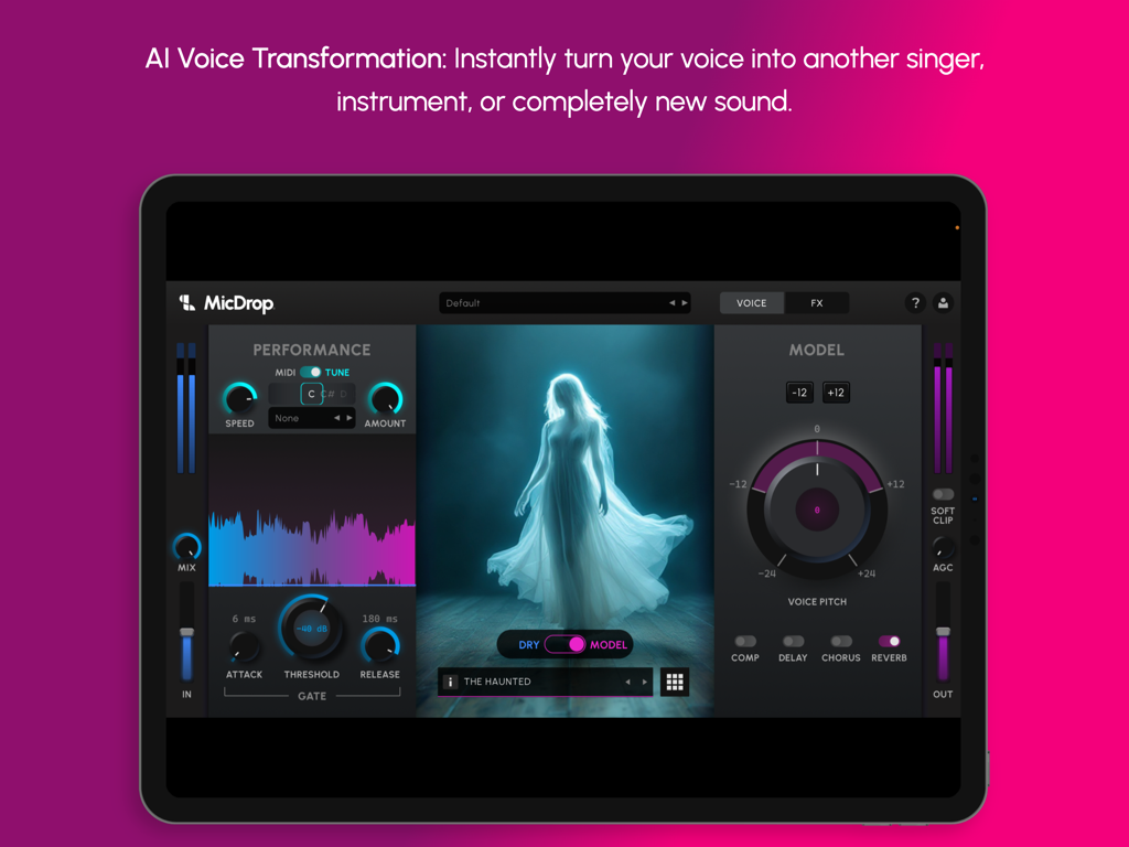 MicDrop - Pro Vocals - Interface of MicDrop app for iPad showing AI voice transformation settings and professional vocal models