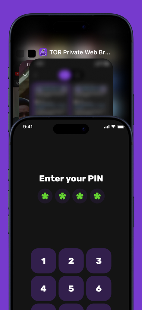 Écran de téléphone affichant une interface de saisie de code PIN pour le Navigateur Web Privé TOR, avec un sélecteur d'applications flouté en arrière-plan pour la confidentialité.