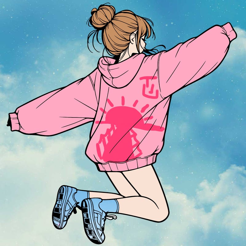 realistic girl jumping with a bun and oversized sweatshirt