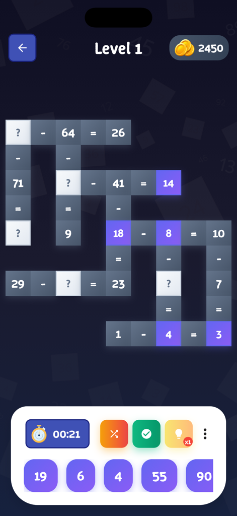 Math puzzle gameplay screen showing subtraction equations in a crossword grid format